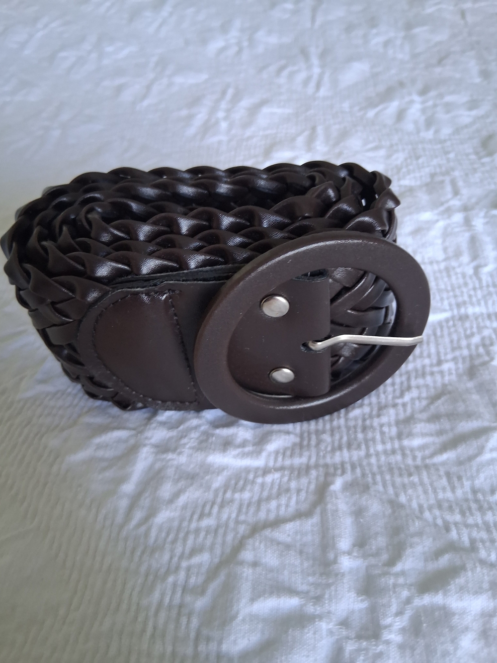 Women's Dark Espresso Brown Wide  Woven Braided Leather Belt Round Buckle 36 "